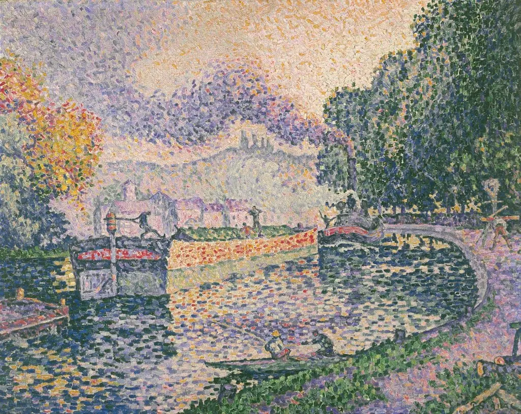 The Tugboat, Canal in Samois, by Paul Signac, oil, 1901