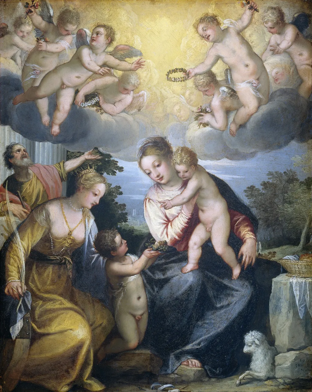 Virgin and Child with young John the Baptist and Saint Catherine, by Hans Rottenhammer, oil, 1604