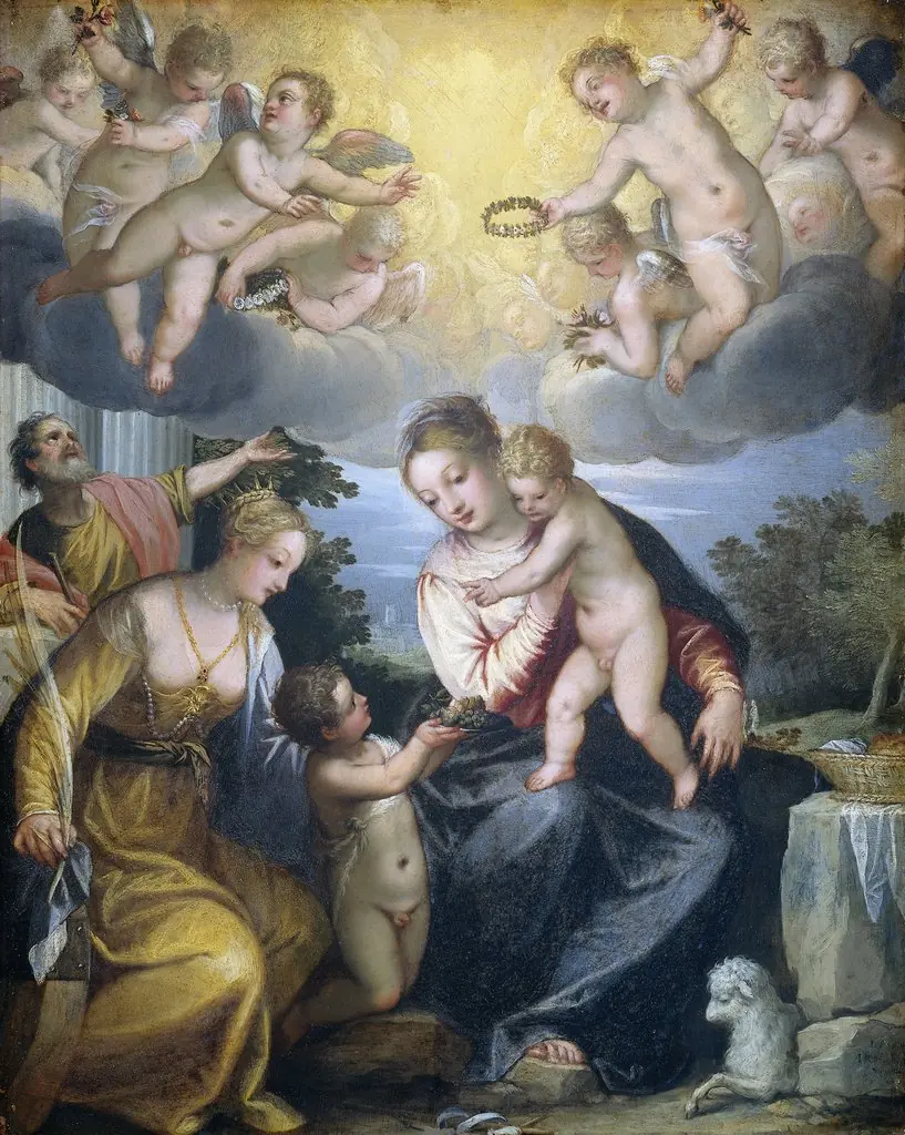 Virgin and Child with young John the Baptist and Saint Catherine, by Hans Rottenhammer, oil, 1604