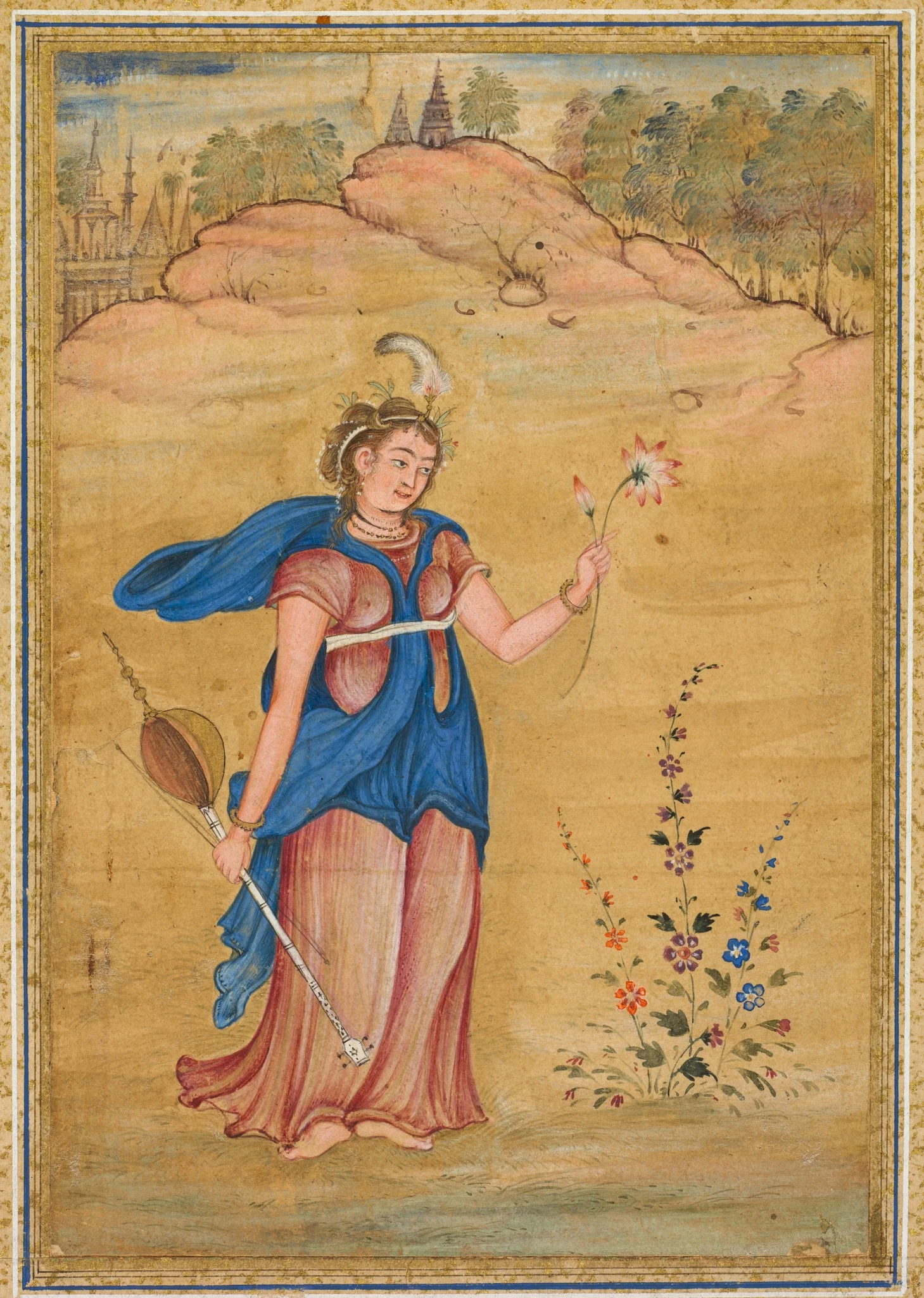 A female figure standing in a landscape holding a four-stringed “khuuchir” and a lotus, detail