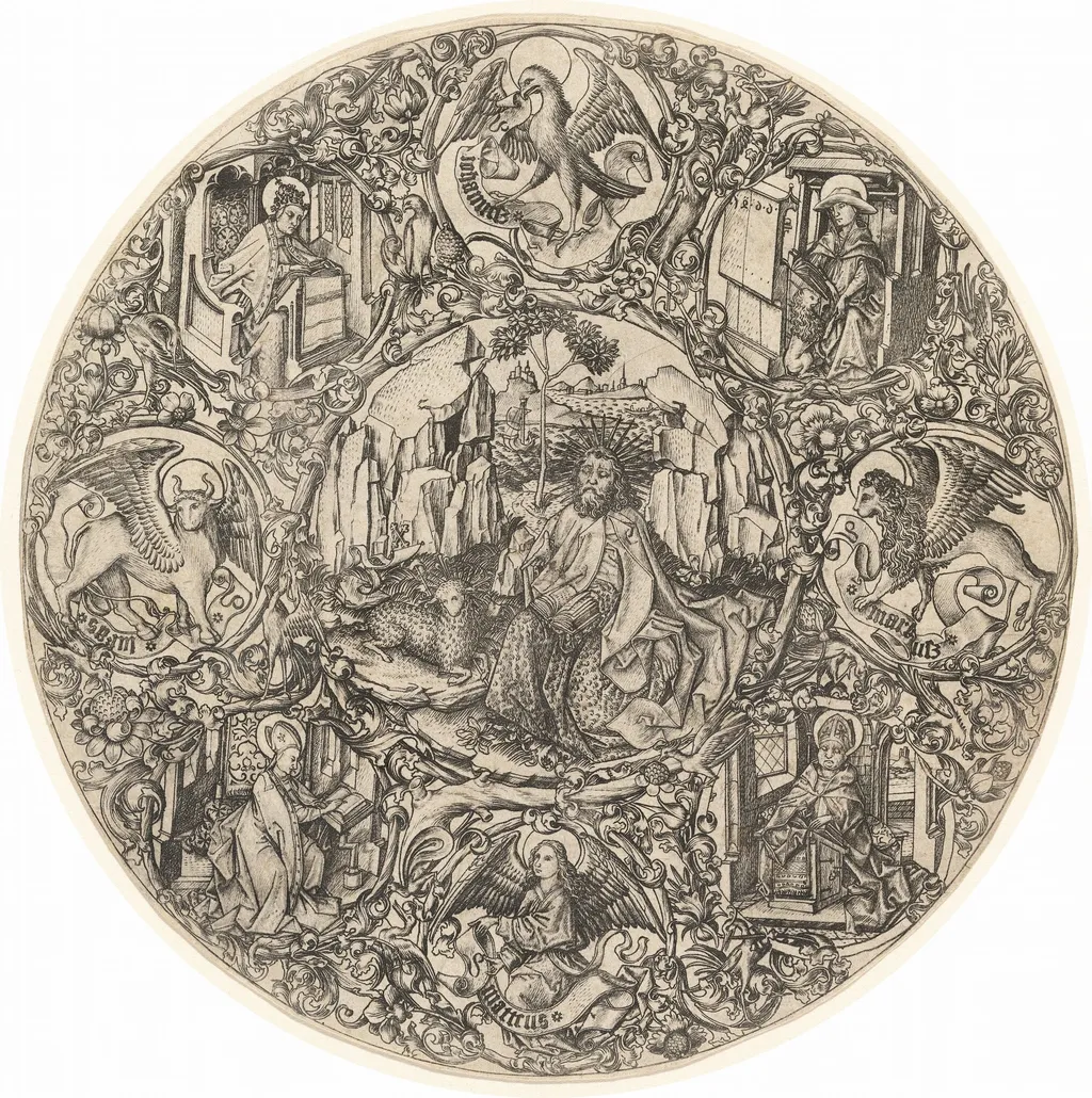 Saint John the Baptist in the Wilderness with the Lamb of God, Surrounded by the Symbols of the Evangelists and the Four Fathers of the Church, by Master E.S., ink, 1466