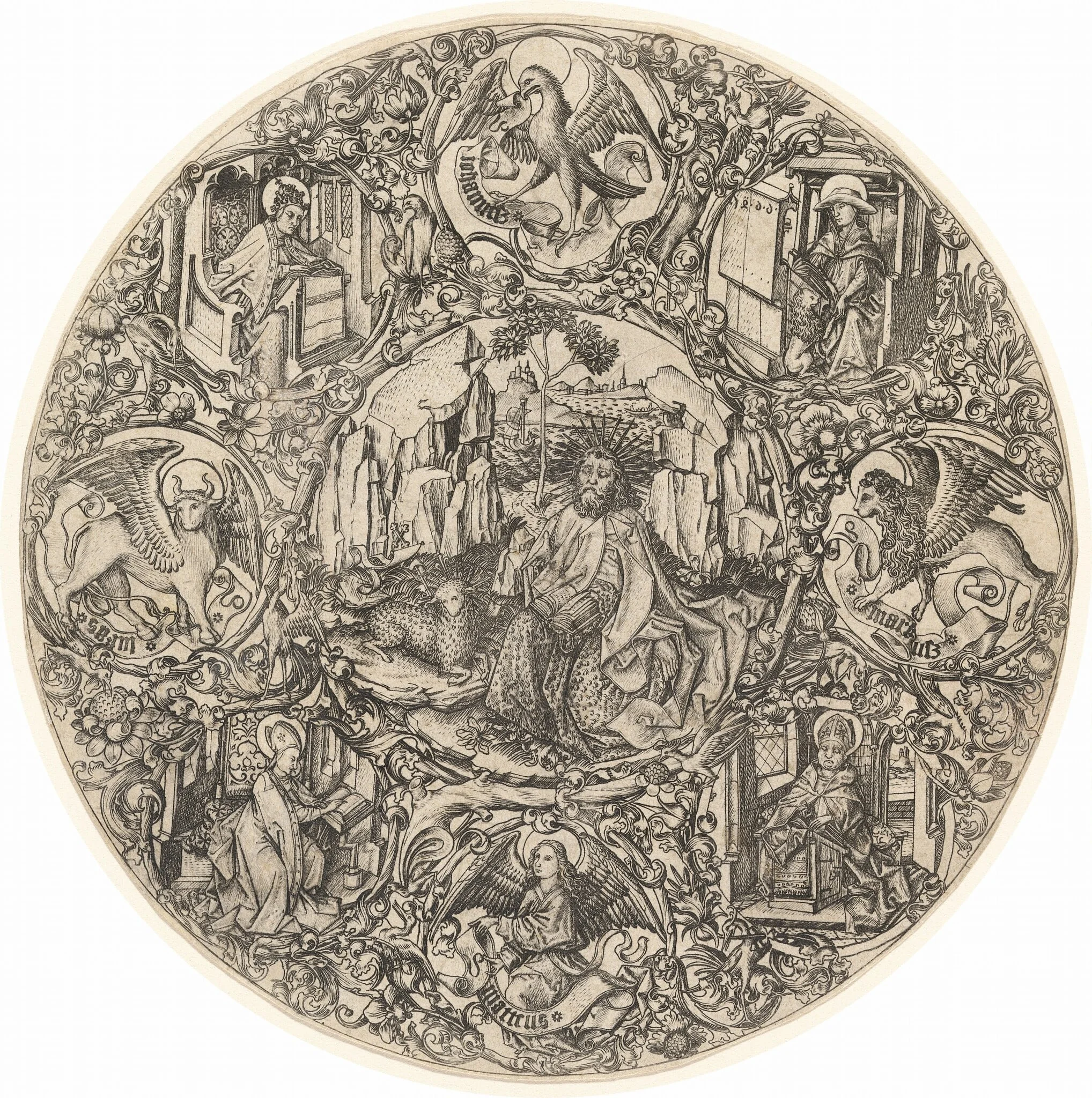Saint John the Baptist in the Wilderness with the Lamb of God, Surrounded by the Symbols of the Evangelists and the Four Fathers of the Church, detail