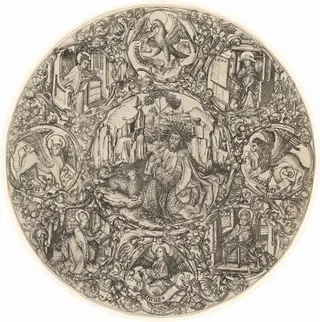 Saint John the Baptist in the Wilderness with the Lamb of God, Surrounded by the Symbols of the Evangelists and the Four Fathers of the Church, by Master E.S., ink, 1466