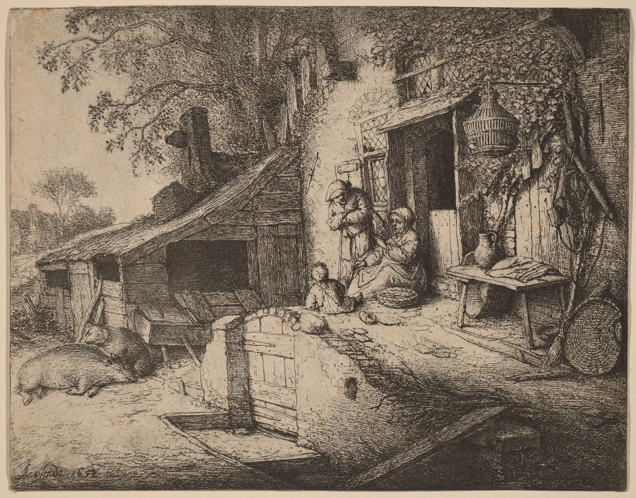 Farmstead wtih a Peasant Family Outside the Front Door, the Woman Spinning, detail
