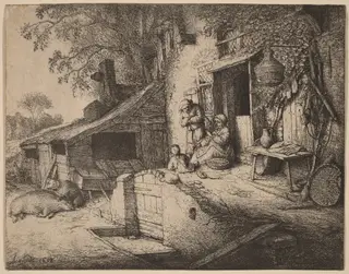 Farmstead wtih a Peasant Family Outside the Front Door, the Woman Spinning, by Adriaen van Ostade, ink, 1652