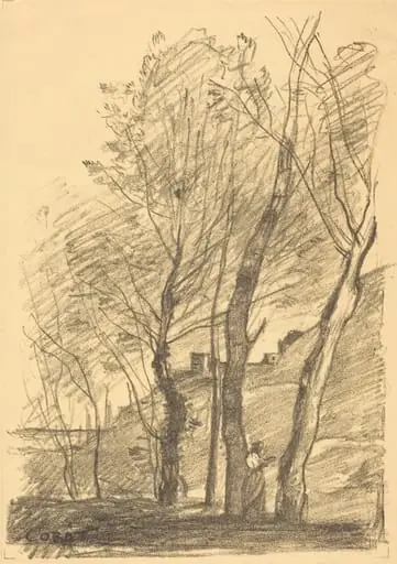 Reading Beneath the Trees (La Lecture sous les arbres), by Jean Baptiste Camille Corot, ink, 1874