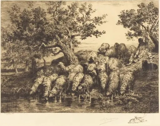 Sheep at the Watering Place (Abreuvoir aux moutons), by Charles Émile Jacque, ink, 1888