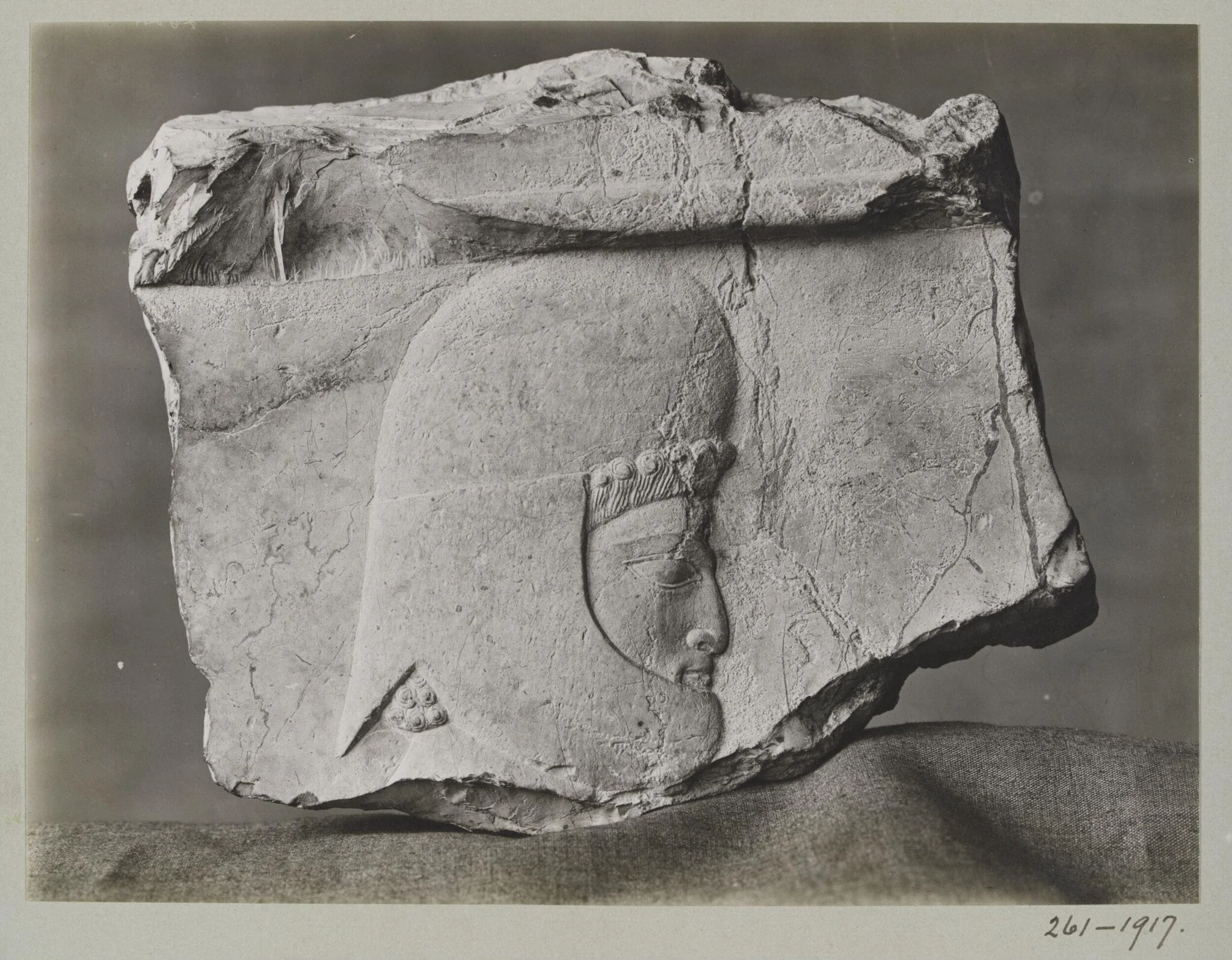 Stone sculpture of a head of a warrior, probably from Palace of Xerxes, detail