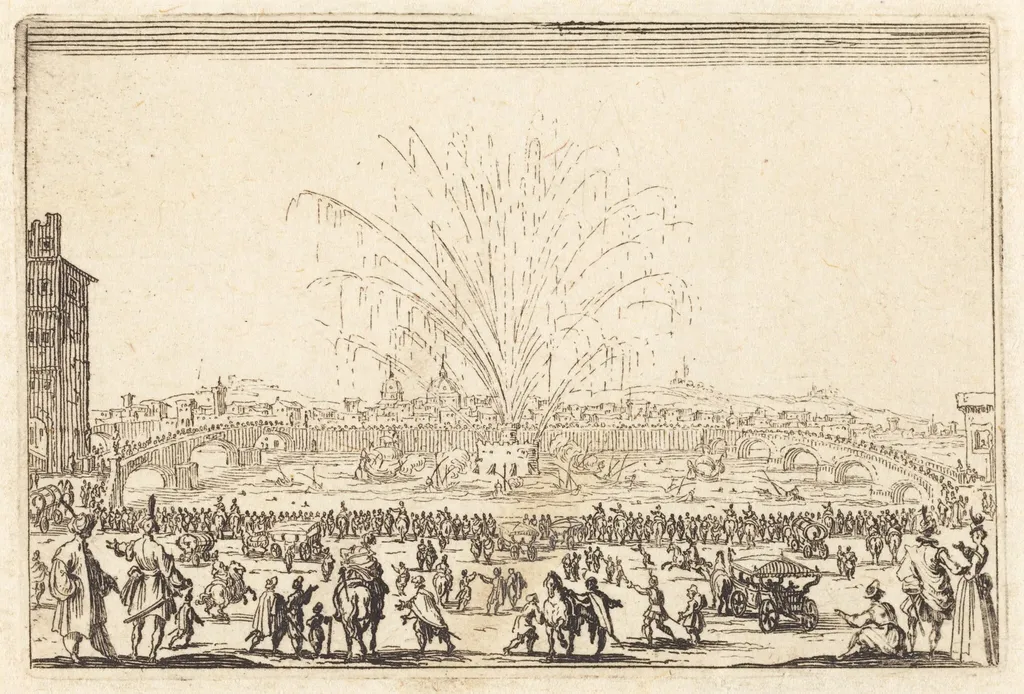 Fireworks on the Arno, Florence, by Jacques Callot, ink, 1622
