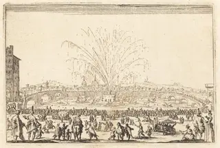 Fireworks on the Arno, Florence, by Jacques Callot, ink, 1622