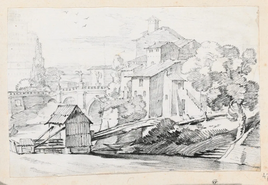 The Ponte Sant'Angelo and Houses on the East Bank of the Tiber, by Joseph-Marie Vien, graphite, 1747