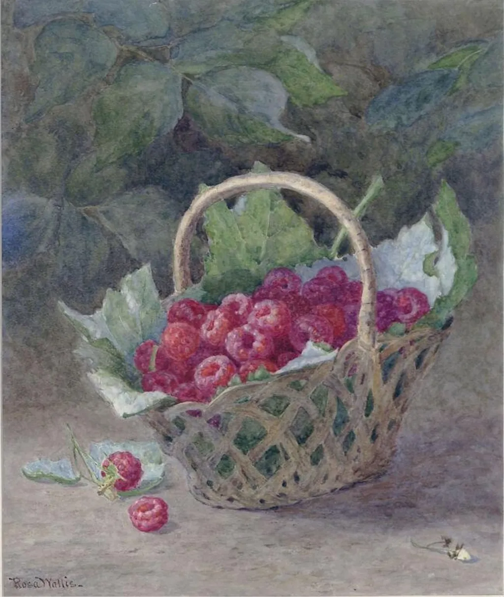 Raspberries, by Rosa Wallis, watercolor, 1880