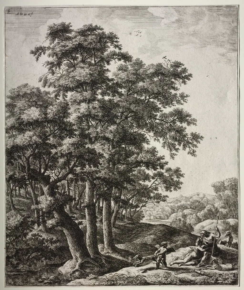 Six large upright landscapes with scenes from Ovid's Metamorphoses: Venus and Adonis, by Antonie Waterloo, 1665