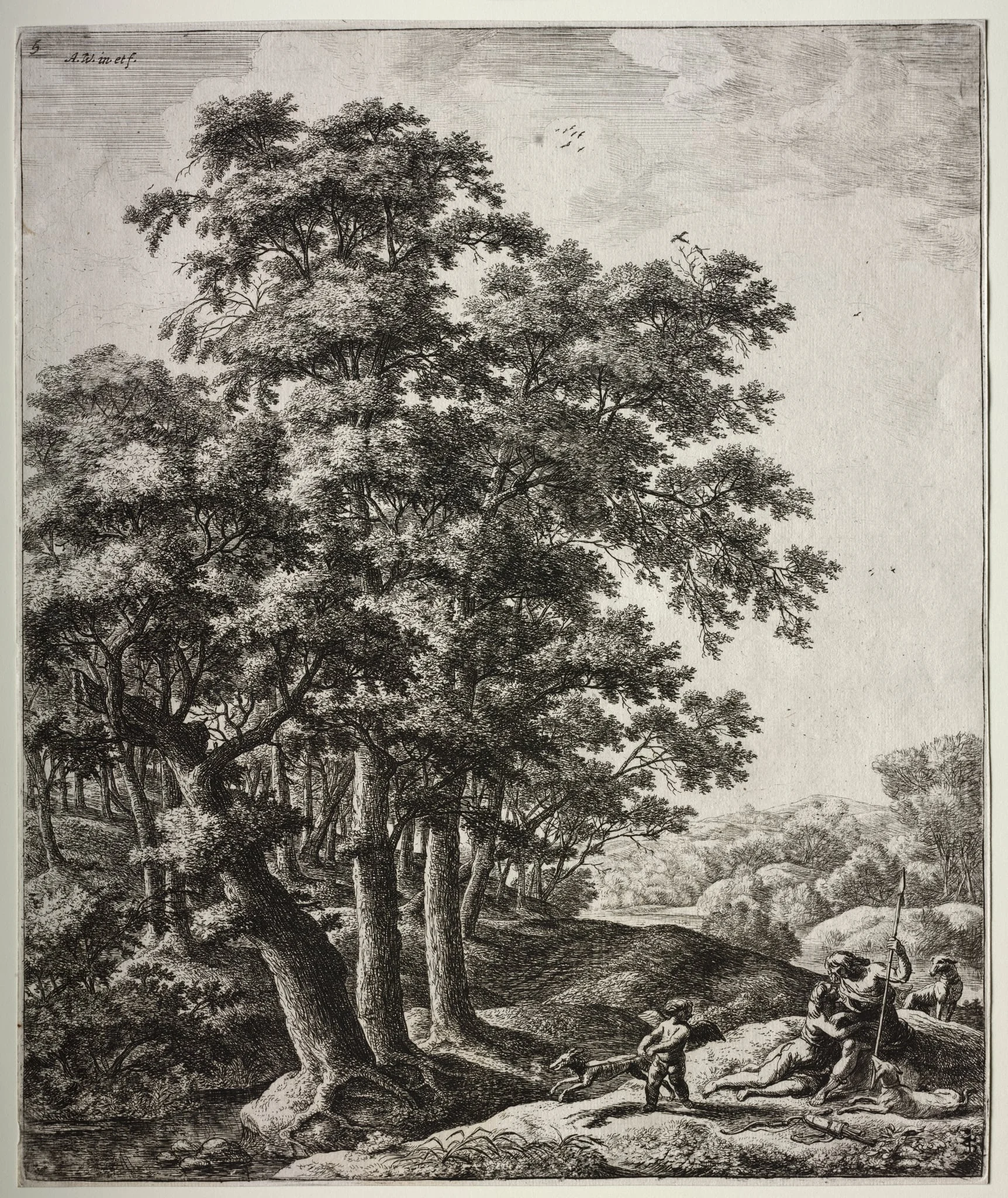 Six large upright landscapes with scenes from Ovid's Metamorphoses: Venus and Adonis, detail