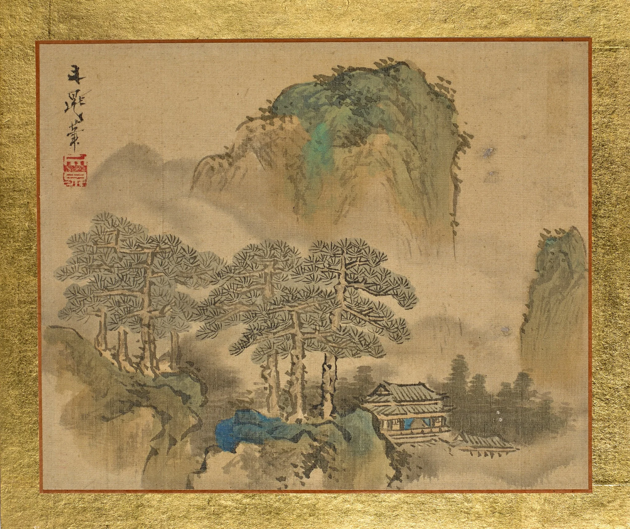 A House next to Pine Trees, in front of Mountains, detail