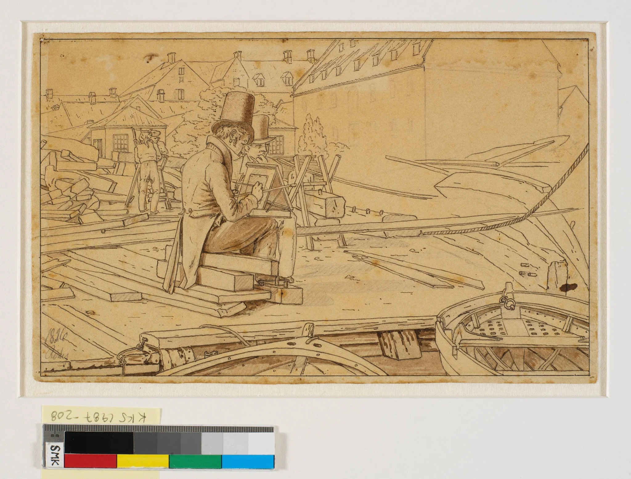 An Artist Painting by a Shipyard, detail