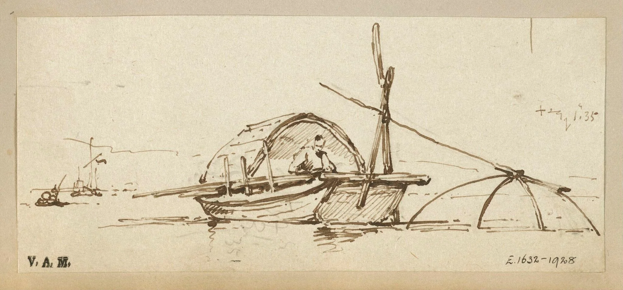 A Tanka boat, Macau, with a lift net lowered into the water, detail