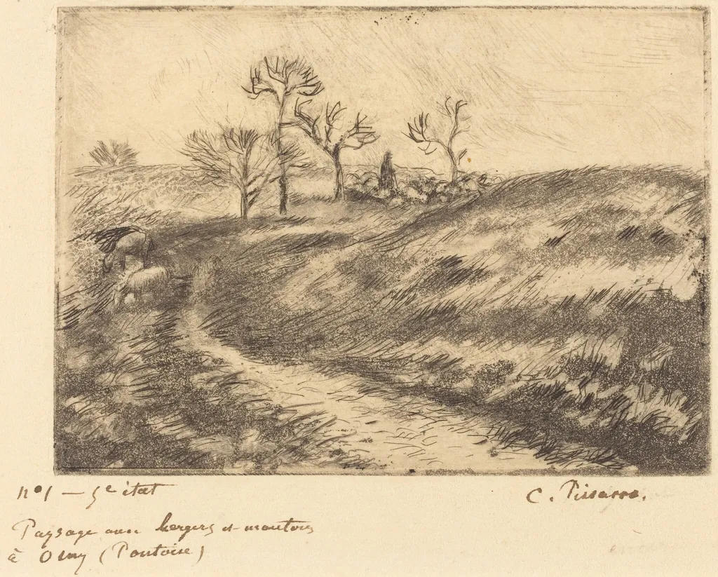 Paysage avec berger et moutons a Osny (Pontoise), by Camille Pissarro, ink, 1883