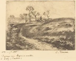 Paysage avec berger et moutons a Osny (Pontoise), by Camille Pissarro, ink, 1883
