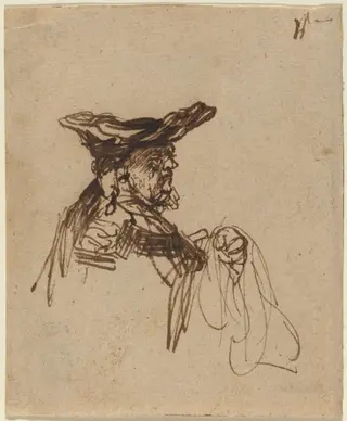 Bust of an Elderly Man in a Flat Cap, by Rembrandt van Rijn, ink, 1636