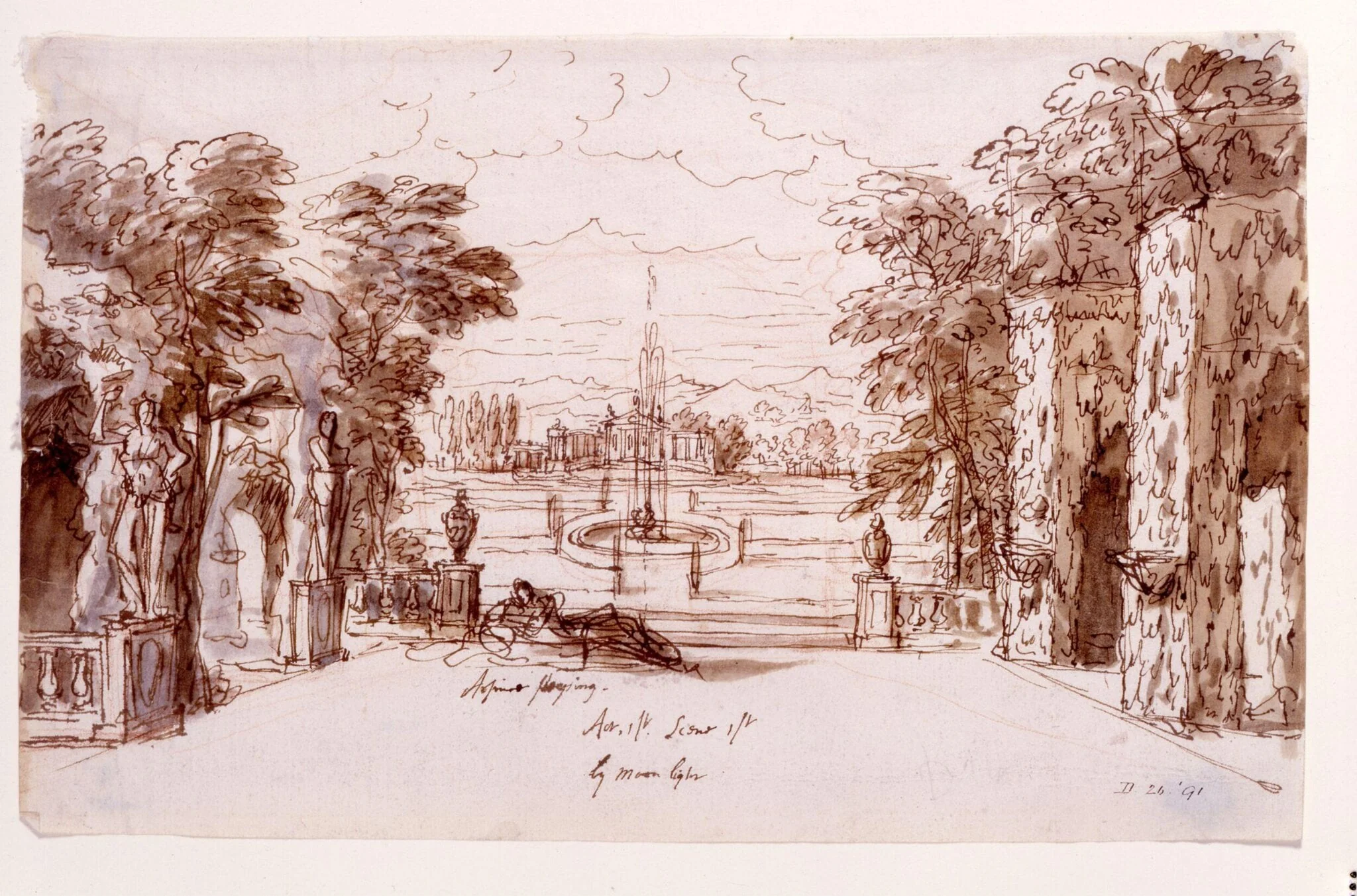 Design for a stage set for Arsinoe, Queen of Cyprus at the Theatre Royal, London for Act I, scene 1, Arsinoe sleeping in a garden at night, detail
