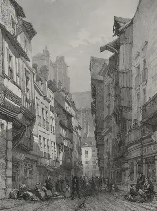 Voyages pittoresques et romantiques dans l'ancienne France.  Bretagne:  Grande rue vieille à Nantes, by Eugène Cicéri, 1845