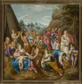 Gathering manna (Exodus 16:14-17), by Hendrick de Clerck, oil, 1605