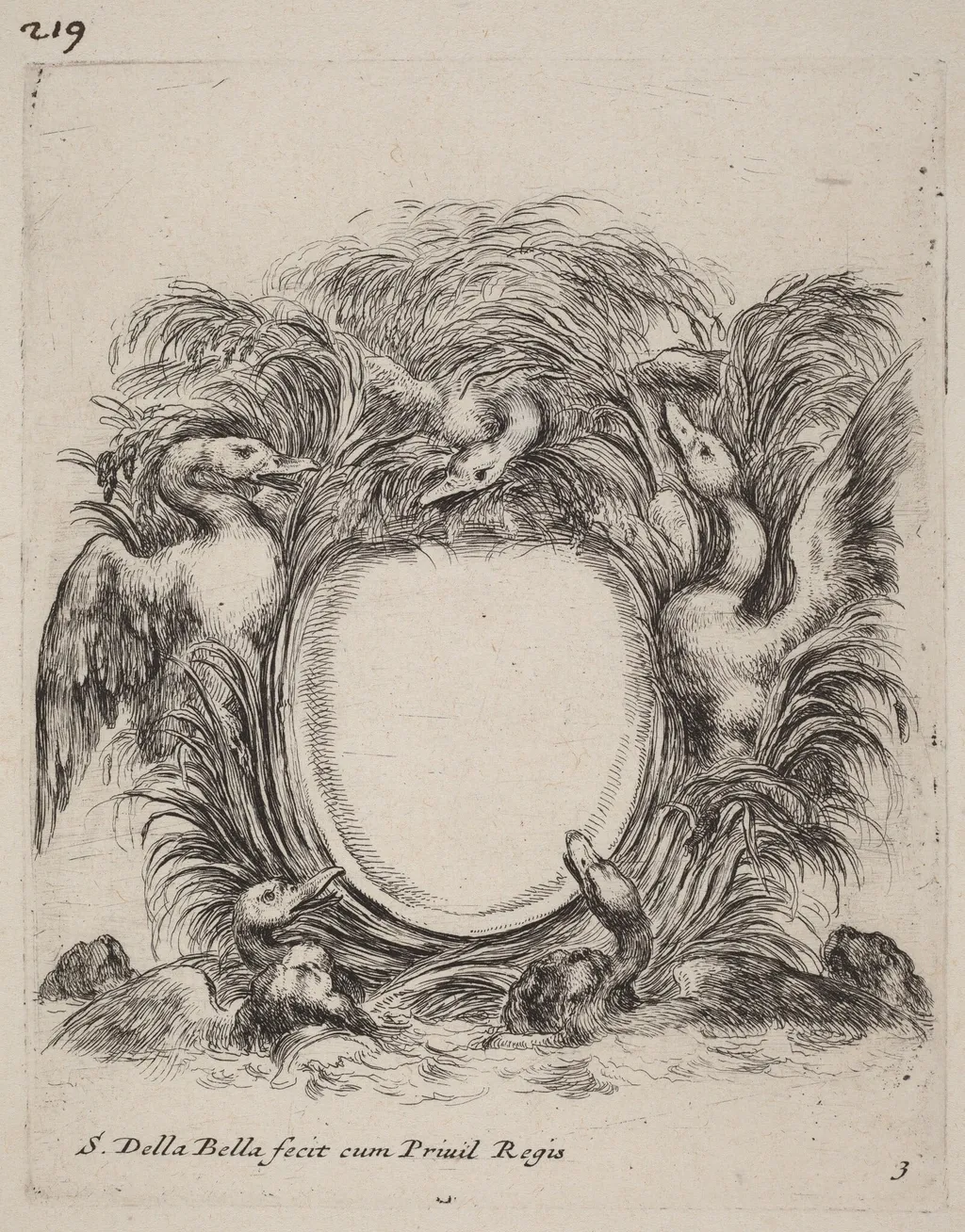 Cartouche with Ducks and Dogs, by Stefano Della Bella, ink, 1647