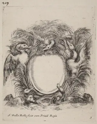 Cartouche with Ducks and Dogs, by Stefano Della Bella, ink, 1647