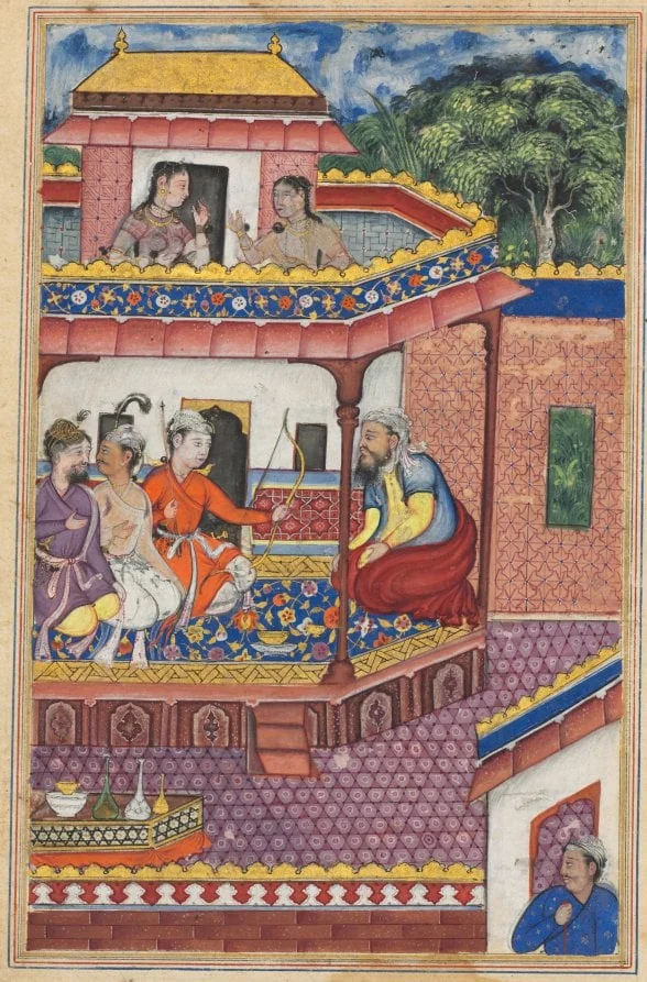 The three young men present themselves as suitors for the hand of Zuhra, the daughter of the merchant of Kabul, from a Tuti-nama (Tales of a Parrot): Thirty-fourth Night, detail