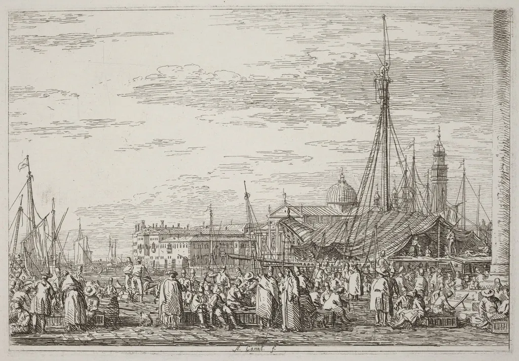 The Market on the Molo [upper left], by Canaletto, ink, 1740