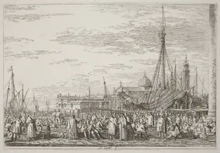 The Market on the Molo [upper left], by Canaletto, ink, 1740