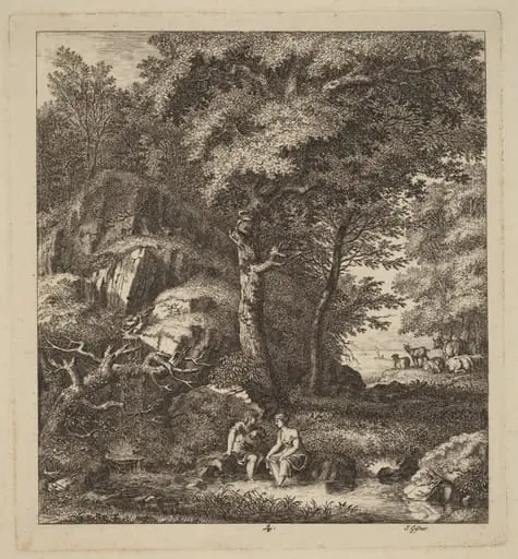 A Shepherd and a Young Woman With Their Feet in a Brook, by Salomon Gessner, ink, 1764