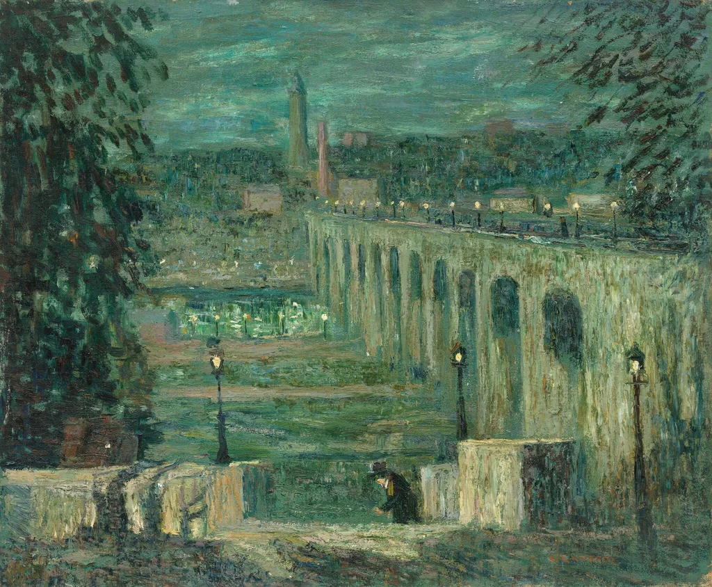 High Bridge at Night, New York City, by Ernest Lawson, oil, 1915