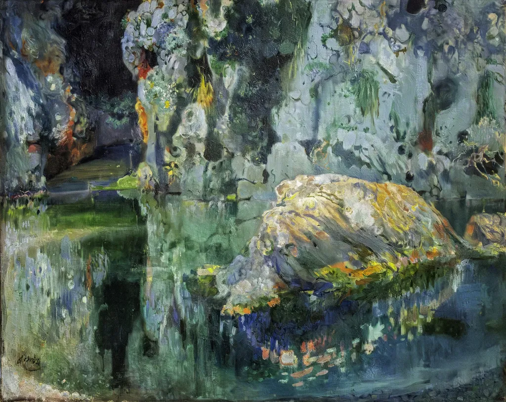 The Rock in the Pond, by Joaquín Mir Trinxet, oil, 1903