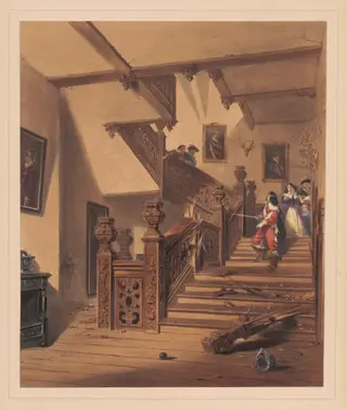 Staircase, Aston Hall, Warwickshire, by Joseph Nash, ink, 1849