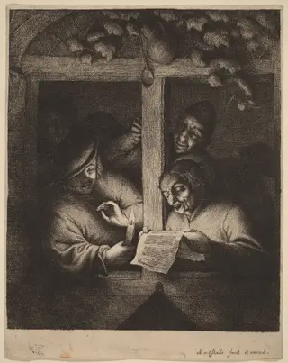 Four Men at a Window, One Reading from a Sheet by Candlelight, by Adriaen van Ostade, ink, 1653