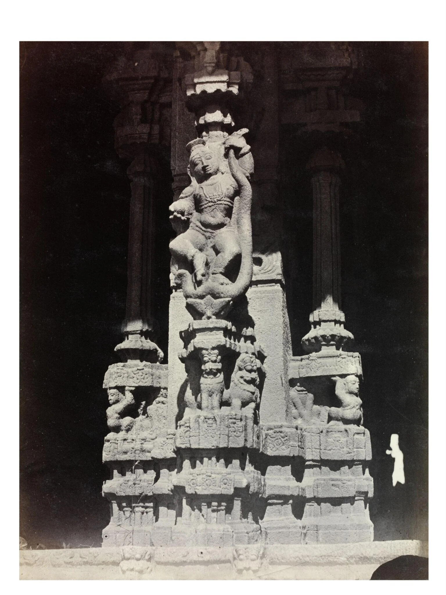 Hampi (Vijayanagara): Stone pier with Krishna dancing on the snake., detail