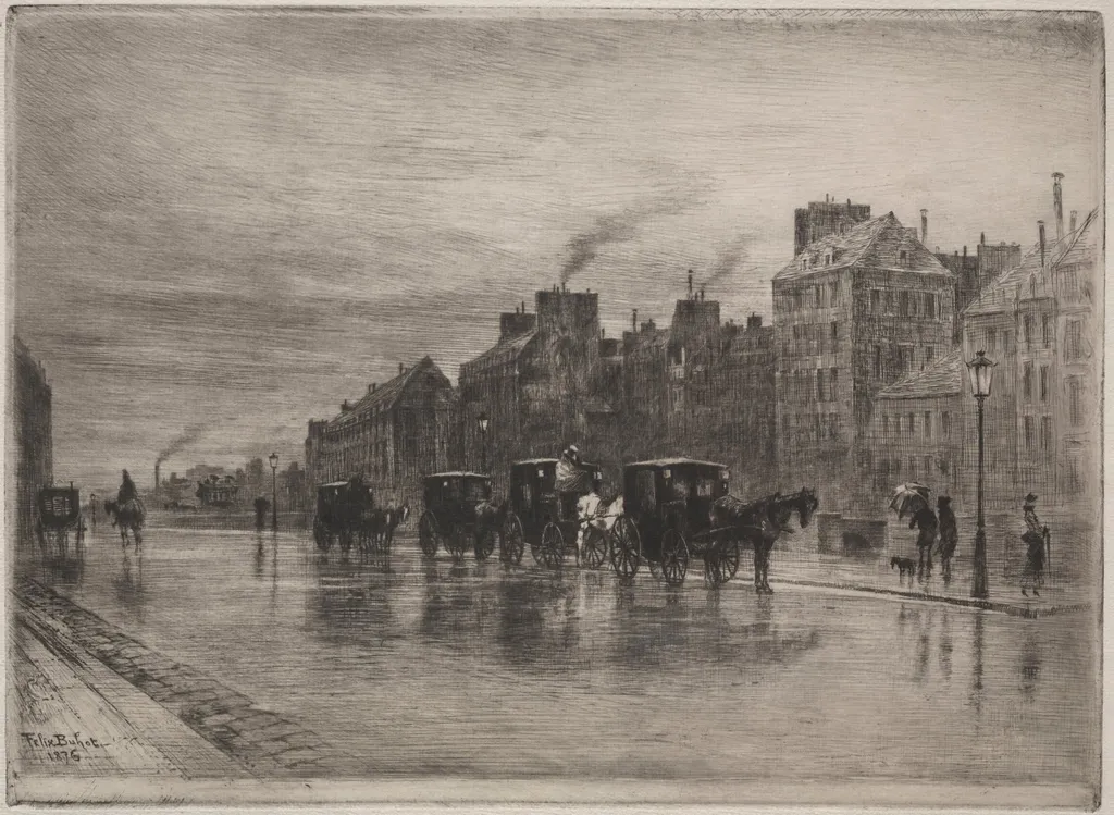 A Winter Morning on the Quai de L'Hotel-Dieu, by Félix-Hilaire Buhot, 1876
