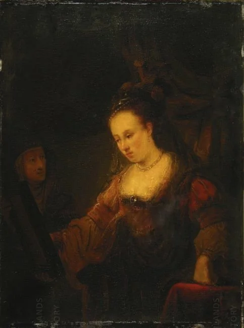 Woman looking in a Mirror with a Maidservant, detail