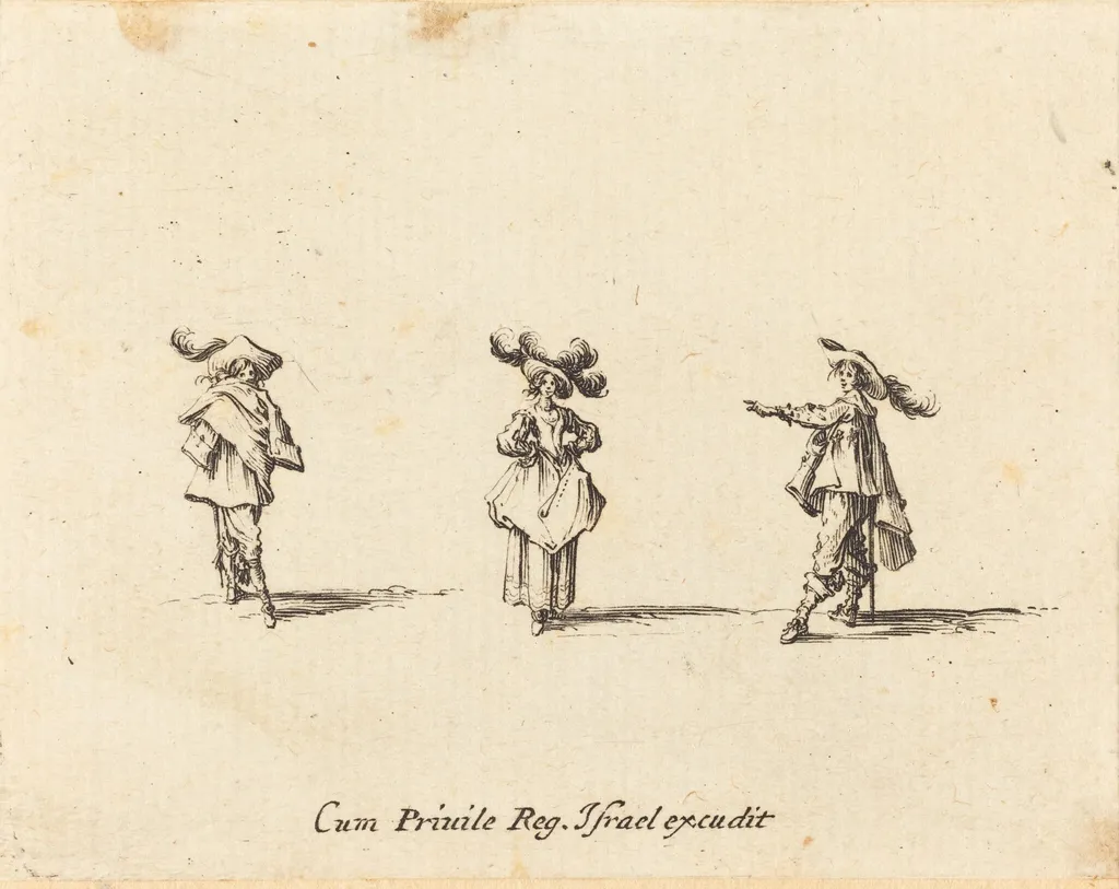 Lady with Large Plumes, and Two Gentlemen, by Jacques Callot, ink, 1634