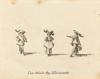 Lady with Large Plumes, and Two Gentlemen, by Jacques Callot, ink, 1634