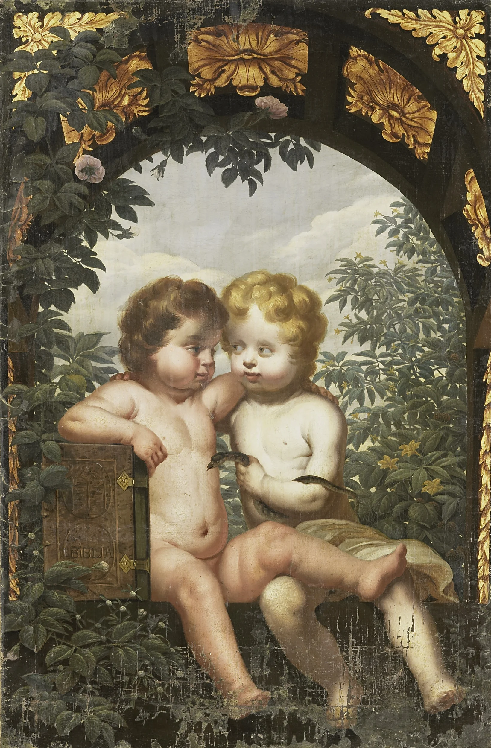 Christian Allegory with two Children with a Bible and Snake, detail