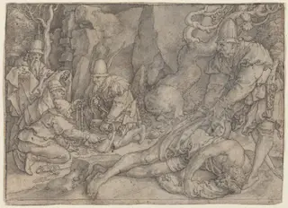 A Man Overpowered By Thieves, by Heinrich Aldegrever, ink, 1554