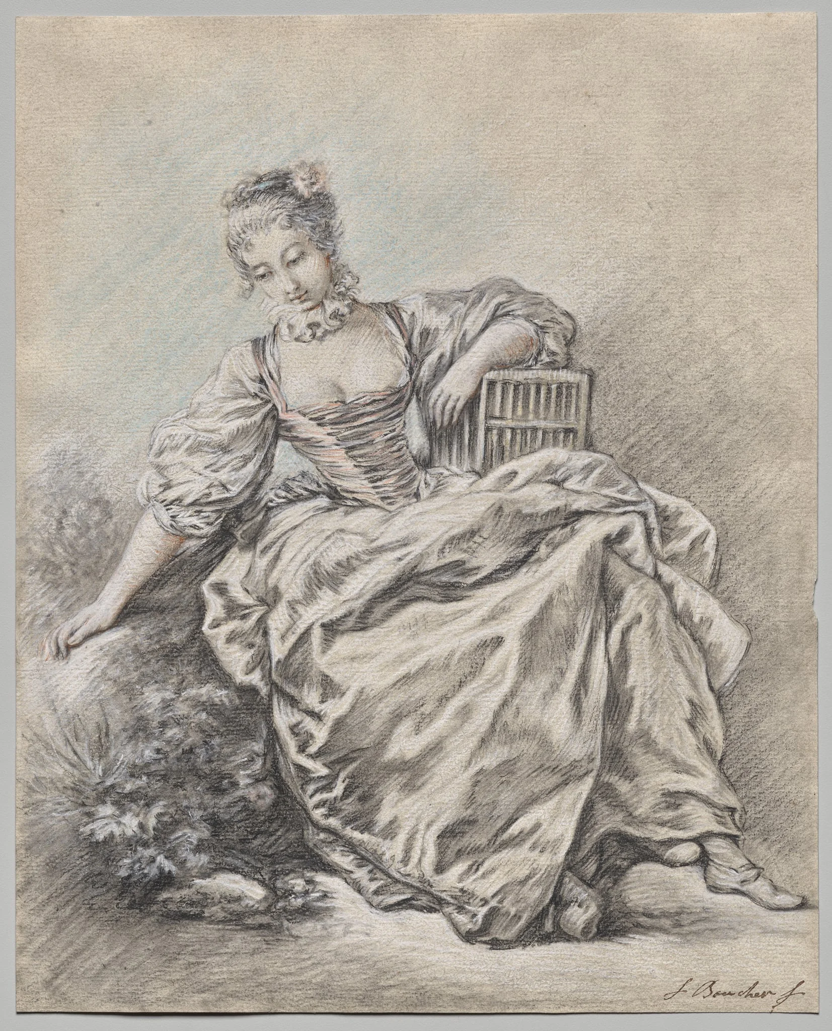 Seated Woman Holding a Bird Cage, detail