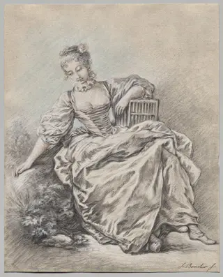 Seated Woman Holding a Bird Cage, by François Boucher, 1750