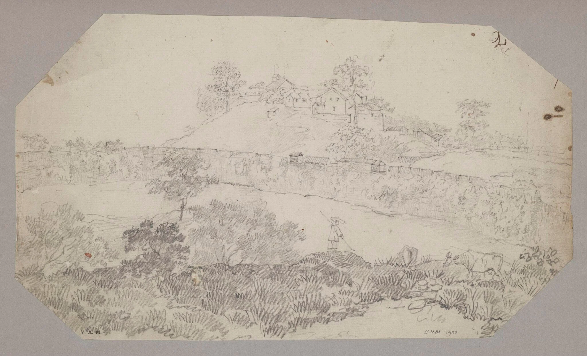 Landscape with a fortified wall and a hilltop village, detail