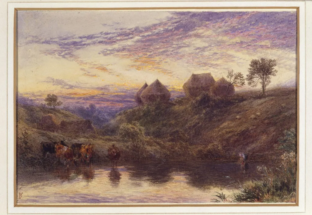 Landscape with Water : Sunset, by Birket, watercolor, 1845