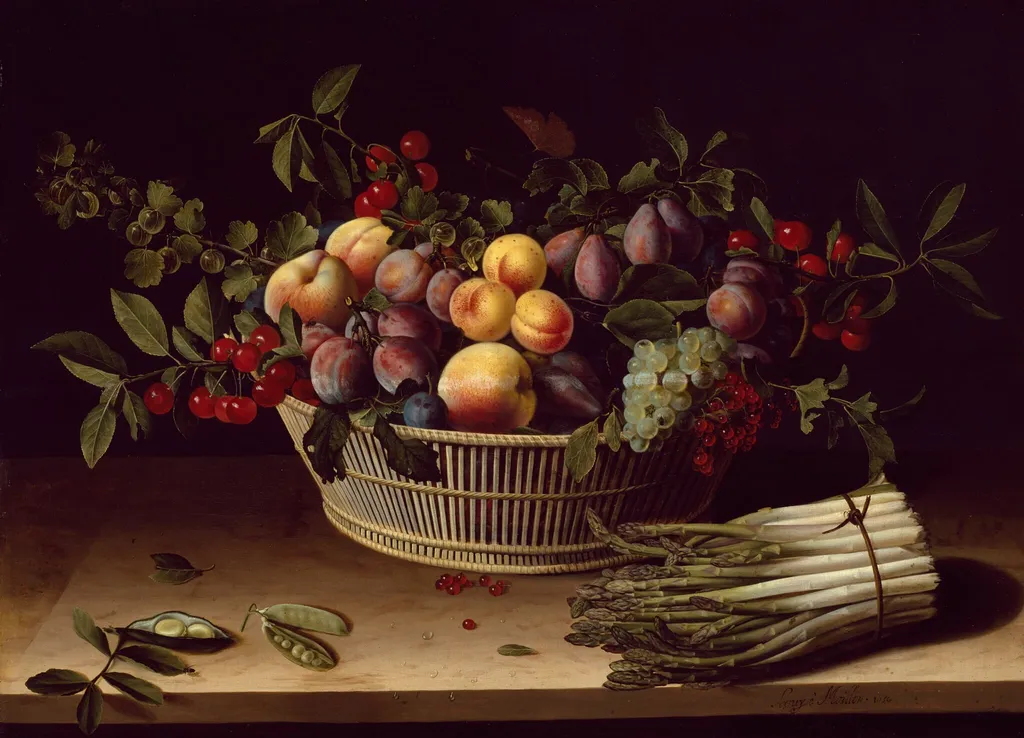 Still Life with a Basket of Fruit and a Bunch of Asparagus, by Louise Moillon, oil, 1630