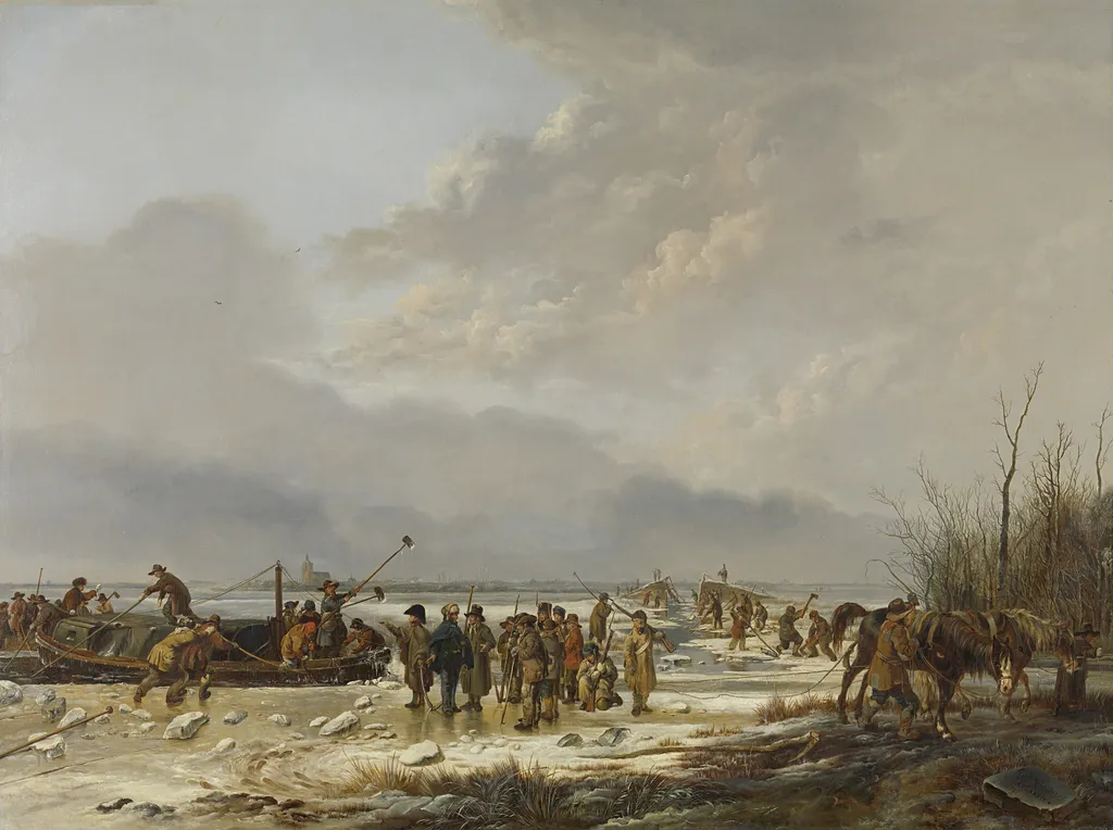 Breaking of the Ice on the Karnemelksloot near Naarden, January 1814, by Pieter Gerardus van Os, oil, 1814
